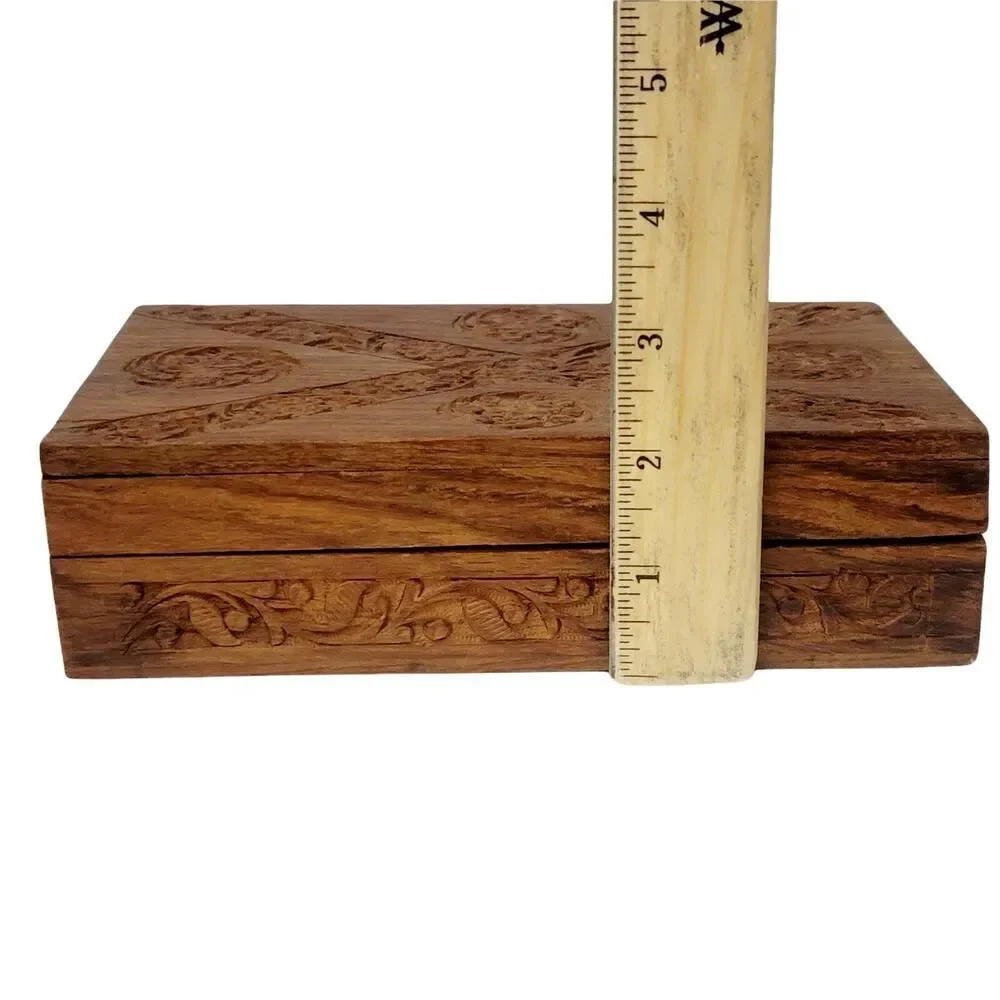 Hand Carved Wooden Box Flowers Trinket Jewelry‎ Blue Velvet Fabric Lined 8